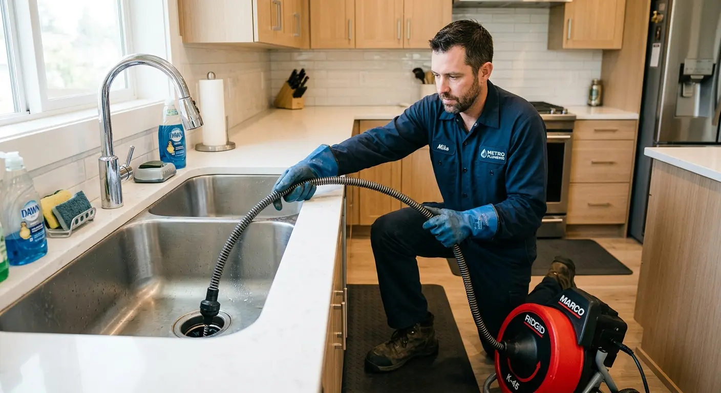 Drain cleaning technician using a motorized snake on a kitchen sink in Oak View
