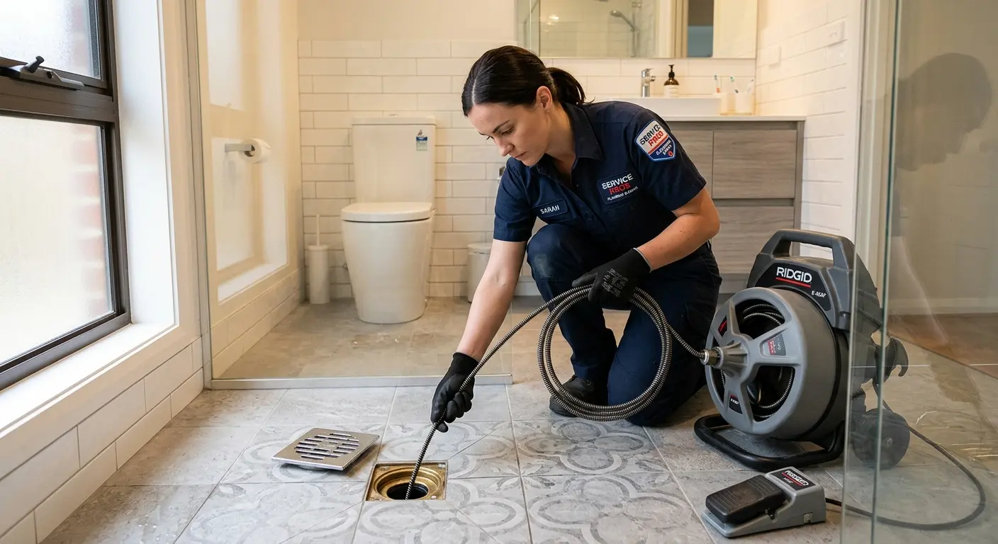 Technician clearing a bathroom floor drain for Hydro Jetting in Oak View